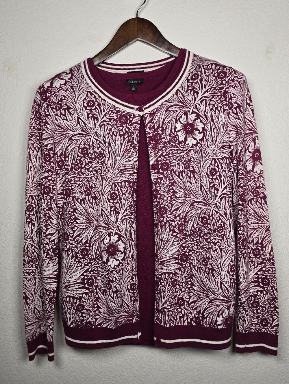 Talbots Floral Cardigan Twin Set Size M Magenta Pink Cotton Blend 2 Piece
